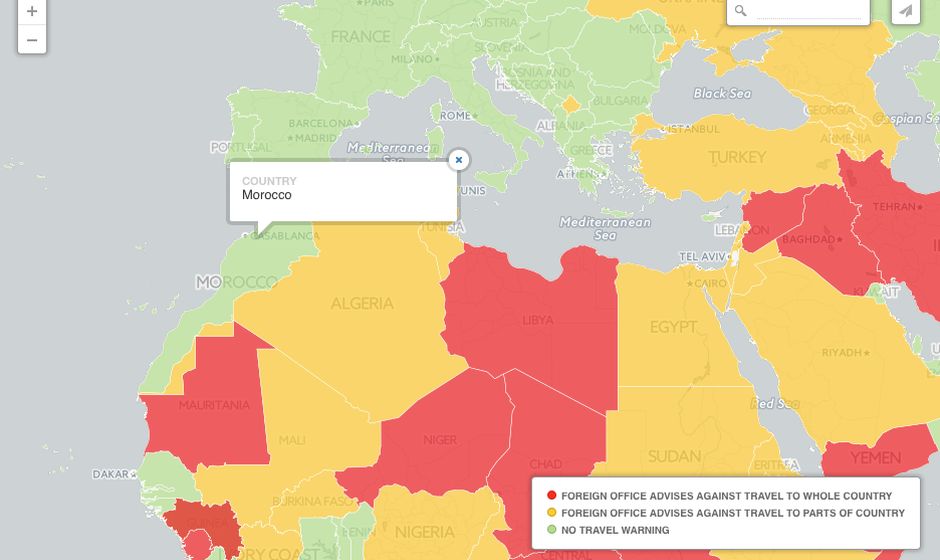 Telegraph Travel Map showing Morocco is a safe holiday destination for Britons